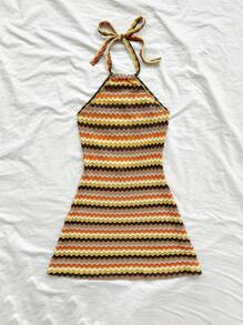 Soleia Holiday Halter Neck Backless Color-Block Texture Dress,Sun Dress