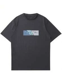 男士夏季休閒寬鬆短袖t恤,印有字母圖案 - 深灰色 - 查看 4