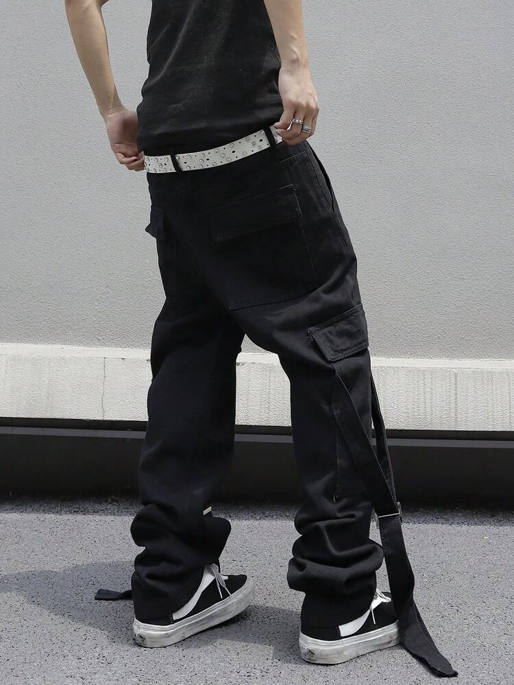 Men Metal Buckle Design Workwear Pockets Casual Straight Jeans