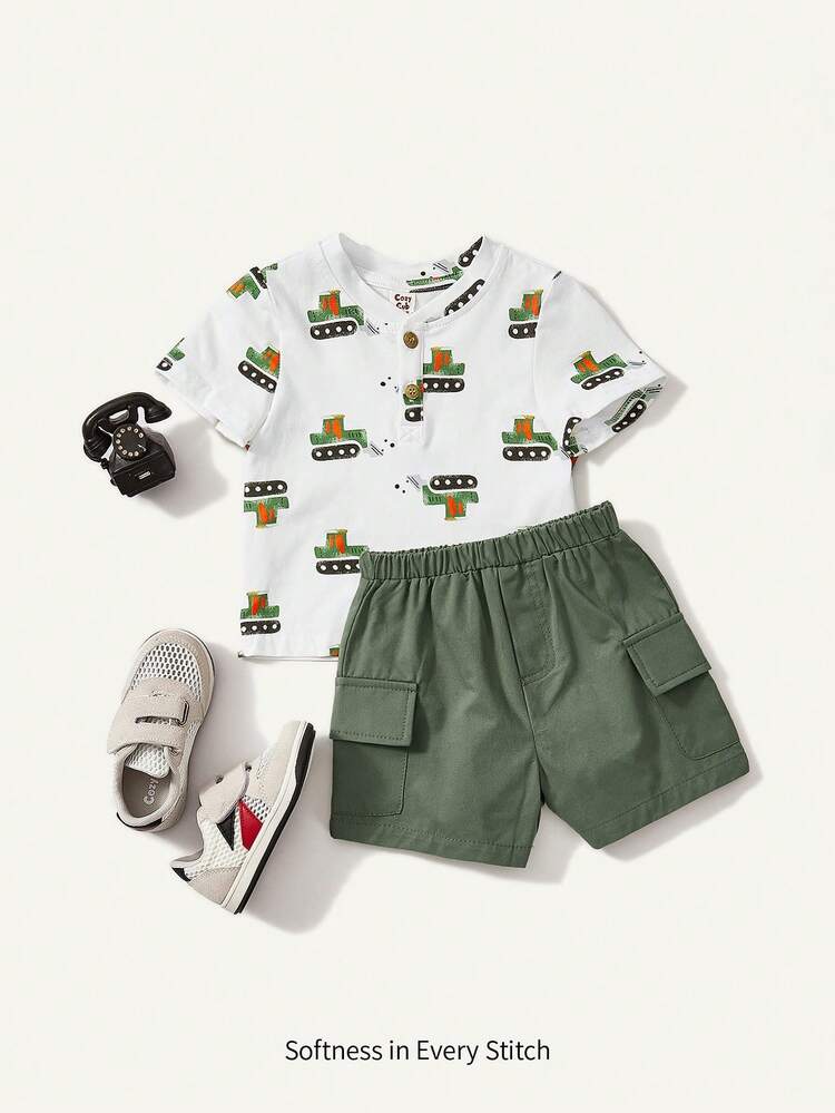 Baby Boys' Cartoon Pattern Round Neck Pullover Sweatshirt And Shorts Casual Outfits