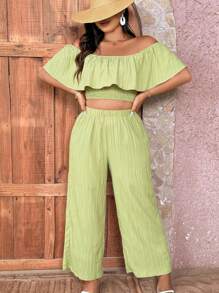 SHEIN Clasi 休閒簡約紋理彈性上衣和寬腿褲兩件套裝，適合通勤 - 薄荷綠 - 查看 1