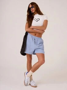 MUSERA Striped Woven Button Front Lounge Casual Shorts Summer Vacation Airport Chic Elegant - Blue - View 3