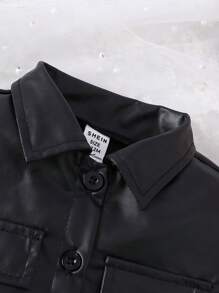 Baby Girl Solid Color Tank Top And Faux Leather Jacket And Skirt Set - Black - View 4