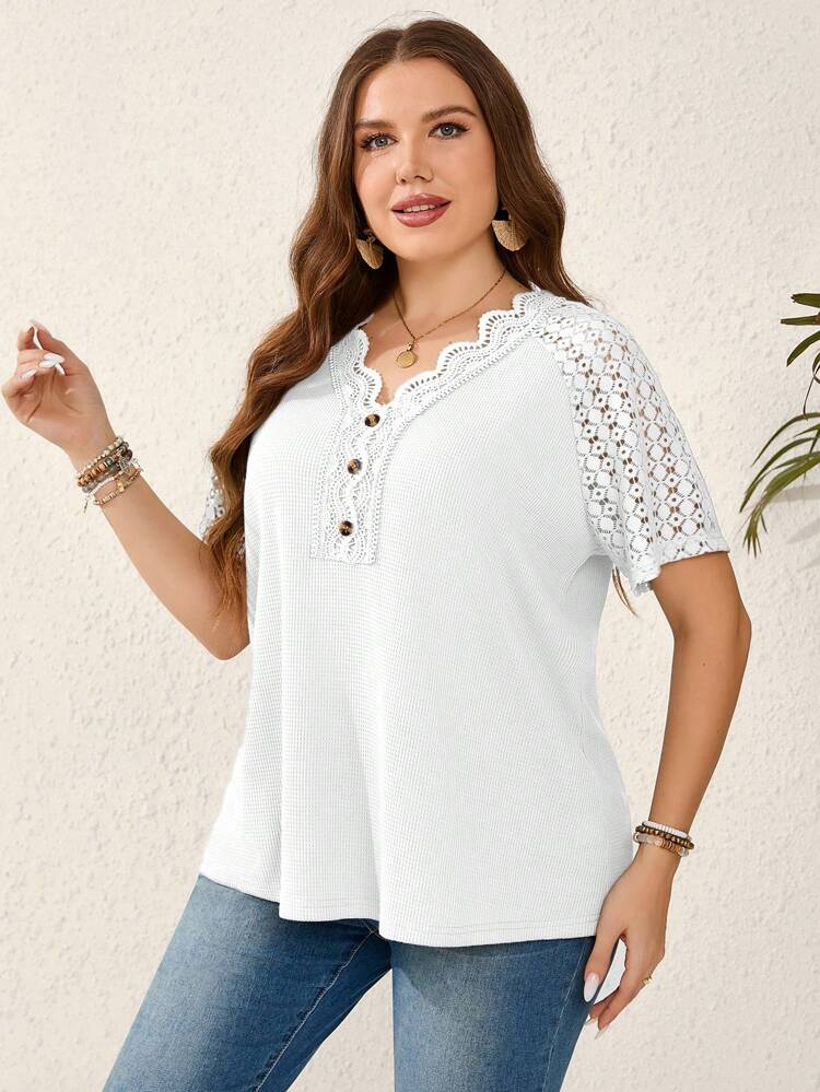 Plus Size Solid Color Lace Splice Raglan Sleeve T-Shirt For Vacation And Leisure