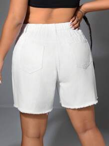 SHEIN ICON 大尺碼夏季休閒純色毛邊牛仔短褲 - 白色 - 查看 2