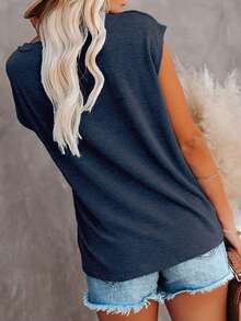 Camiseta de manga de murciélago unicolor para mujer, estilo veraniego, de ajuste holgado, informal, con bolsillo aplicado - Azul Marino - Ver 2