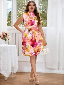 SHEIN Clasi 大尺碼度假休閒漸層花卉印花立領無袖夏裝連衣裙 - 白色 - 查看 5