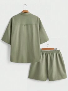 Manfinity VCAY Men Plus Size Woven Casual Short Sleeve Shirt And Shorts 2pcs Set
