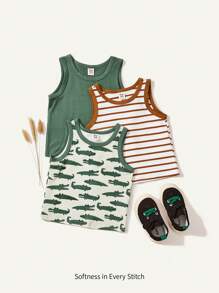 Cozy Pixies Baby Boy Cartoon Crocodile Pattern Tank Tops With Color Block Round Neck, 3pcs/Set