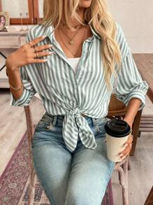 SHEIN Frenchy Áo sơ mi sọc trễ vai nữ nghỉ hè - màu xanh lá - Xem 2