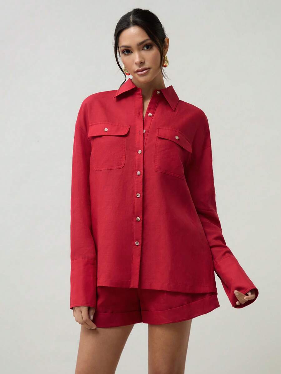 COSMINA 女士红色亚麻休闲宽松衬衫