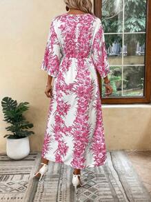 Breezaya Robe de plage longue décontractée pour vacances, imprimé floral, manches chauve-souris, ceinture à la taille, fente, tenue de vacances