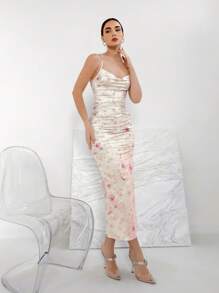 Aloruh Vestido de tirantes con estampado floral elegante de verano con cuello drapeado y ajuste entallado con fruncido