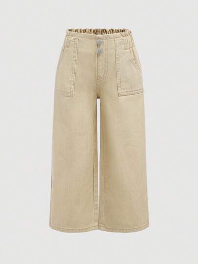 SHEIN 少女新款假期向向日葵花邊彈性腰帶舒適柔軟洗水鬆身休閒時尚牛仔褲