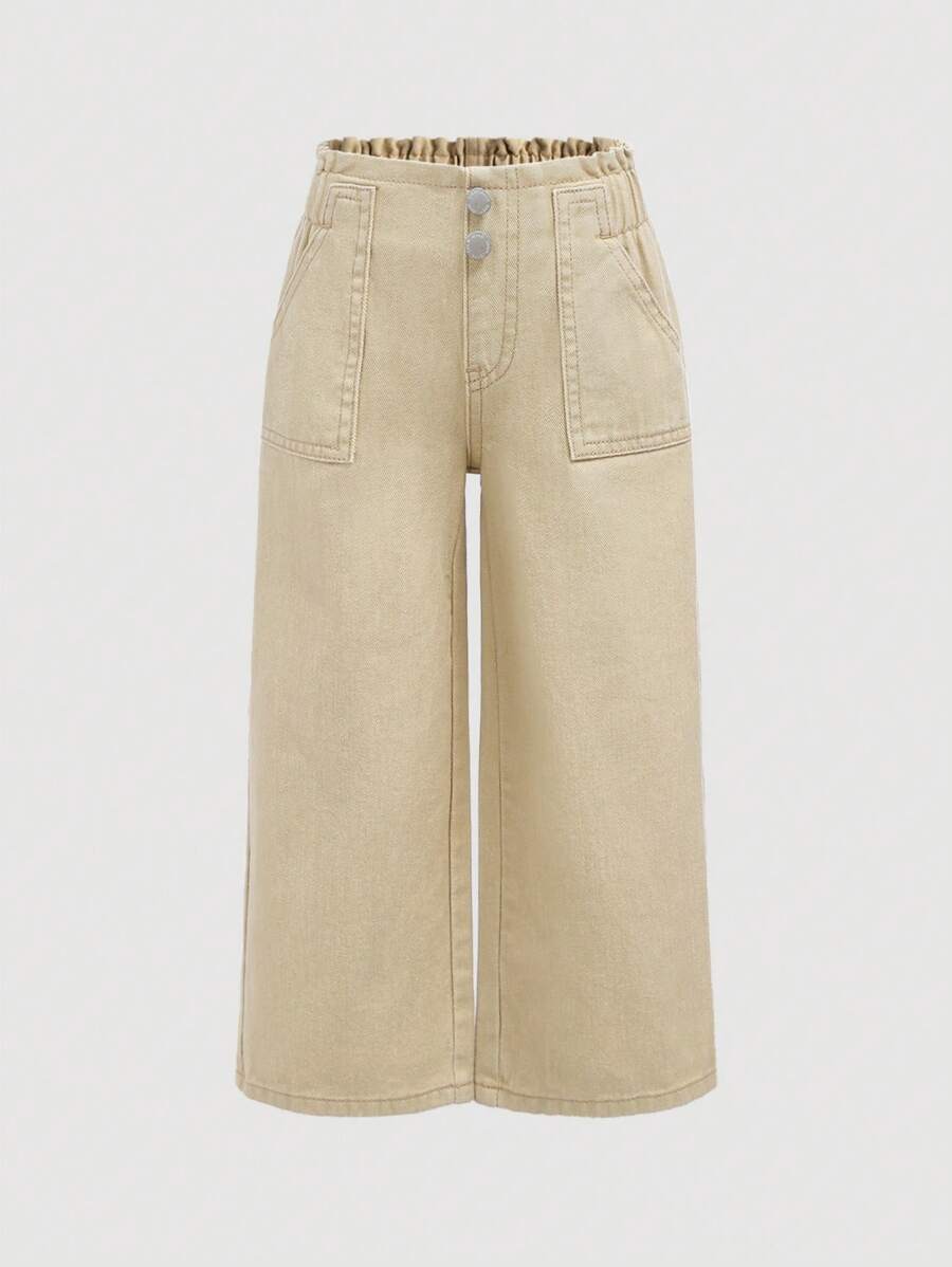 SHEIN 少女新款假期向向日葵花邊彈性腰帶舒適柔軟洗水鬆身休閒時尚牛仔褲 - 卡其色 - 查看 1