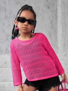 Jersey de manga larga con cuello redondo casaul y flojo para chica joven de punto - Rosa Fucsia - Ver 3