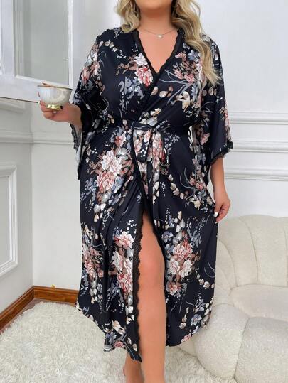 Plus Size Fashionable Floral Print Belted Robe With Lace Trim