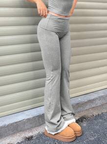 Pantaloni casual da donna a vita larga e zampa d'elefante di colore unito, leggings a vita alta con vita arricciata e vestibilità slim