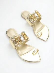 Women Gorgeous Bow Detail Shape 3D Rhinestone Floral Buckle Decoration Gold Metallic Fabric Fashionable Heart Shaped Toe Comfortable Toe Ring Daily Party Flat Sandals Valentines,Spring Summer Outfits - Gold - View 3