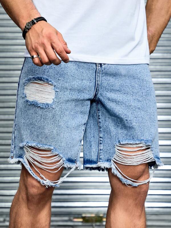 RivetRise Pantaloni scurți din blugi, învechiți, albastru deschis pentru bărbați, pantaloni scurți din denim uni Jorts de vacanță, largi, albastru deschis, pentru cadouri pentru soț, iubit