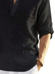 Men's Retro Vintage Coin Pattern Solid Color Roll-Up Sleeve Henley Shirt - Lightweight Breathable, Versatile Casual Wear For All Seasons - Black - View 3