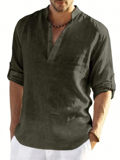 GLESTORE 男士复古旧硬币图案纯色卷袖立领半扣衬衫 - 轻盈透气亨利衫，男士经典水洗棉休闲衬衫，四季皆宜