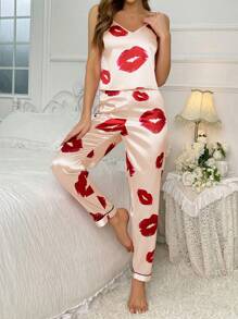 LuxeNights Silk-Like Lip Printed Cami & Long Pants Sleepwear Set Pajama Set