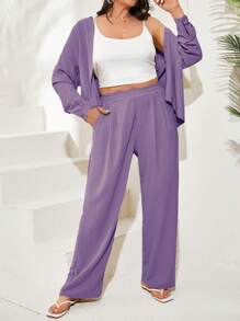 SHEIN Cottnline Plus Button Up Drop Shoulder Shirt & Wide Leg Pants - Purple - View 1