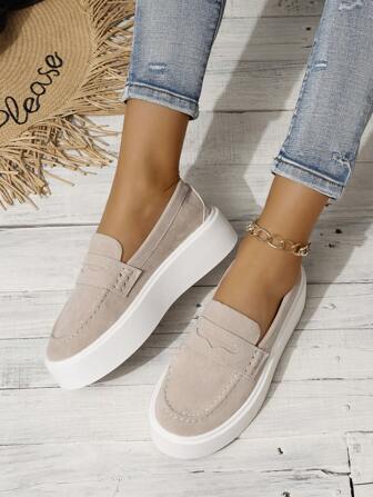 秋冬女士时尚加大码舒适乐福鞋，防水台，卡其色一脚蹬休闲运动鞋，女式运动鞋