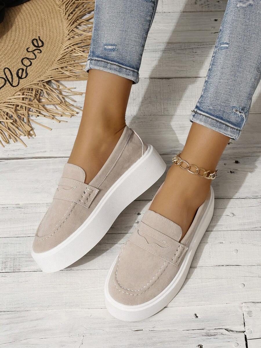 秋冬女士时尚加大码舒适乐福鞋，防水台，卡其色一脚蹬休闲运动鞋，女式运动鞋