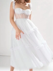 Enchnt Đầm dây thắt lưng lưới thanh lịch dành cho nữ mùa hè - trắng - Xem 7