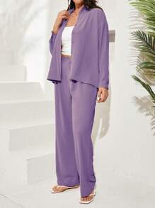 SHEIN Cottnline Plus Button Up Drop Shoulder Shirt & Wide Leg Pants - Purple - View 3