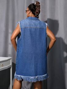 SHEIN SXY 加大尺碼破洞荷葉邊時尚牛仔背心 - 中等水洗藍 - 查看 2