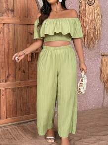 SHEIN Clasi 休閒簡約紋理彈性上衣和寬腿褲兩件套裝，適合通勤 - 薄荷綠 - 查看 4