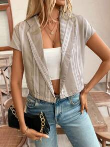 SHEIN Frenchy Exquisite Linen Texture Short Striped Shirt With Excellent Minimalist Shap Color Block Turn-Down Collar, Summer Vacation Season, Summer Clothes, Comfy, Boho, Mom, Beach Women Outfits, Swimsuit Cover Up, Elegant Teacher