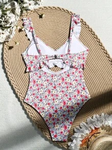 SHEIN Swim Summer Beach Holiday Swimming Pool Ditsy Floral Print Ruffle Trim One-Piece Swimsuit