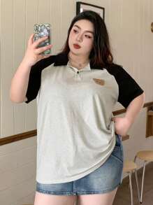 Dazy Plus Plus Size Color Block Embroidered Polo Collar Patchwork Loose Short Sleeve T-Shirt, For Summer