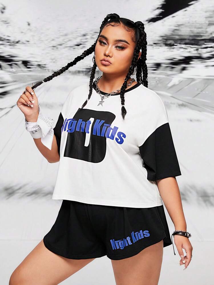 Plus Size Basic Color-Block Letter Printed T-Shirt And Shorts Set