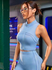 Streetz SHEIN Sport Vrouwen Vier Seizoenen Effen Kleur Rits Stand Kraag Vest En Lange Broek Casual Sportpak Blauwe Trainingsset Vrouwen