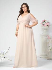 SHEIN Belle Ladies Elegant Khaki Chiffon Deep V-Neck Bridesmaid Dress In Plus Size, Features Cross-Front Draping, Pleating, Cold-Shoulder Lantern Sleeves And A-Line Dress For Wedding And Other Formal Occasions