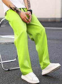Manfinity EMRG Pantalones casuales rectos de pierna recta para hombres con cintura ajustable con cordón en color verde fluorescente para uso diario