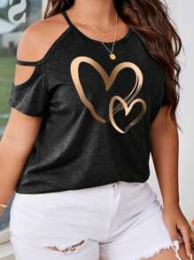 Flirla T-shirt à grande taille imprimé de cœur et de couleur unie