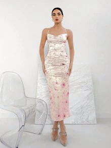 Aloruh Vestido de tirantes con estampado floral elegante de verano con cuello drapeado y ajuste entallado con fruncido