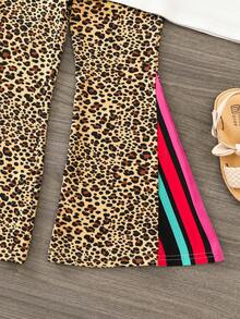 SHEIN 少女休閒針織圓領短袖上衣配豹紋開叉喇叭褲春夏套裝 - 彩色 - 查看 8