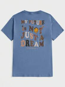 Manfinity VCAY Loose Men Cotton T-Shirt With Slogan And Cartoon Face Print - Blue - View 1