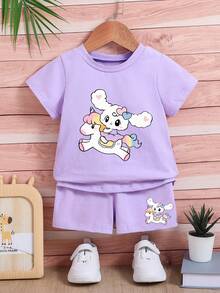 Áo thun ngắn tay và quần short họa tiết dễ thương cho bé gái Unicorn Rabbit cho mùa hè - Màu tím - Xem 1