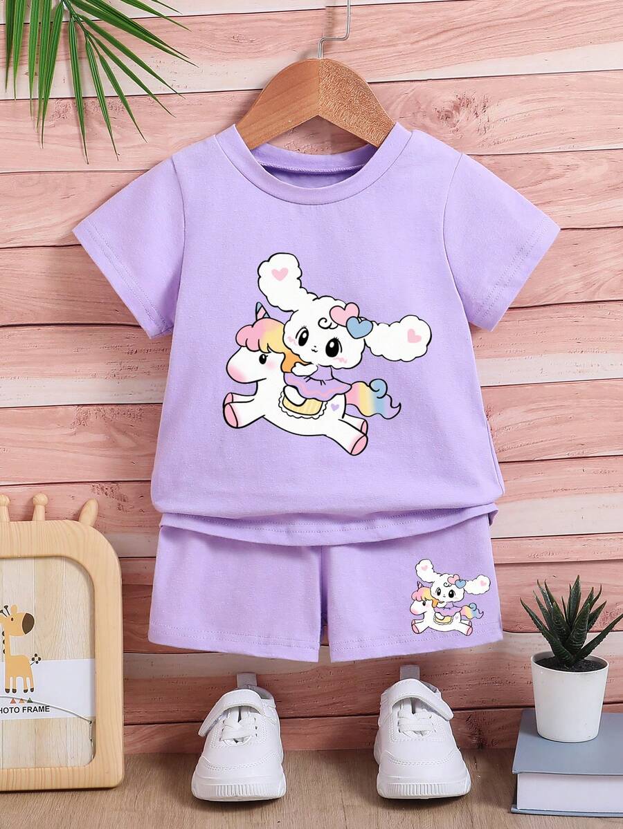 Áo thun ngắn tay và quần short họa tiết dễ thương cho bé gái Unicorn Rabbit cho mùa hè - Màu tím - Xem 1