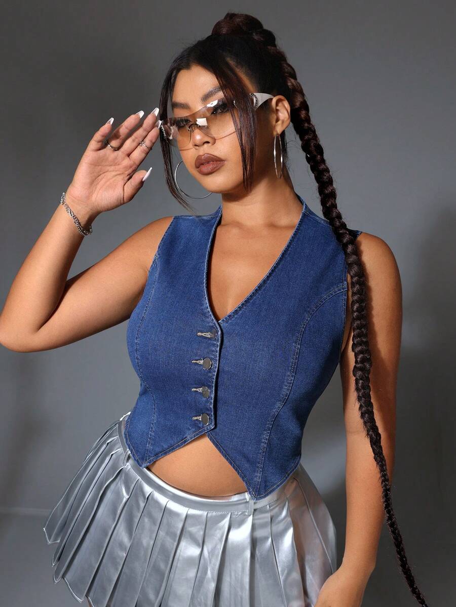 SHEIN ICON 大尺碼女裝純色休閒無袖牛仔上衣 - 藍色 - 查看 1