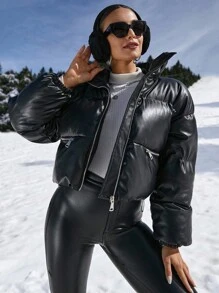 RueChic Stand Neck Double Metal Zipper Drawstring Hem Faux Leather Puffer Down Jacket - Black - View 1