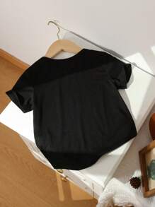 SHEIN Crow Boy, Baby Boy Casual Minimalist Cartoon Ox Head & Letter Print Short Sleeve Top, Summer, 95% Cotton - Black - View 3